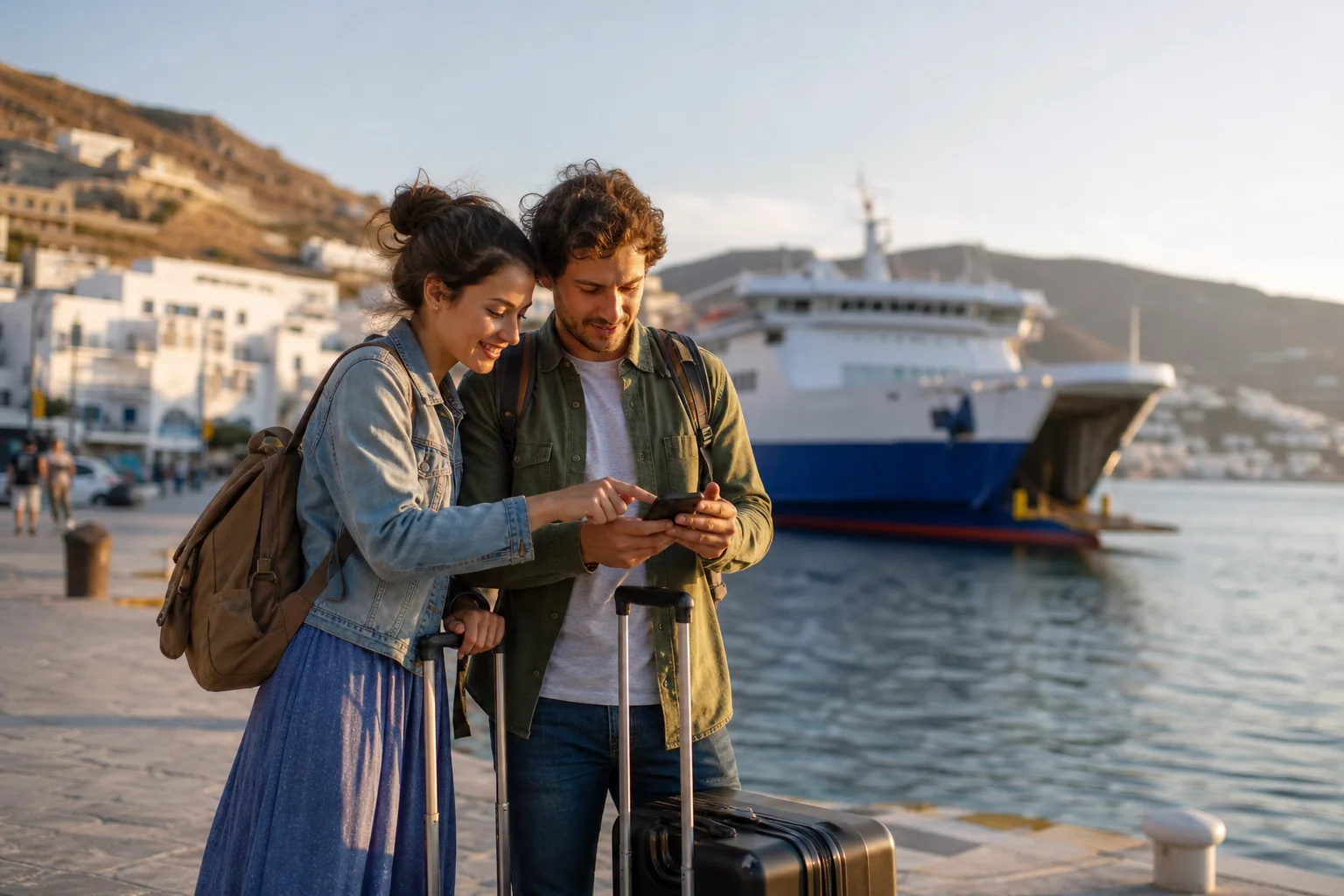 Travelers in a natural Greece setting